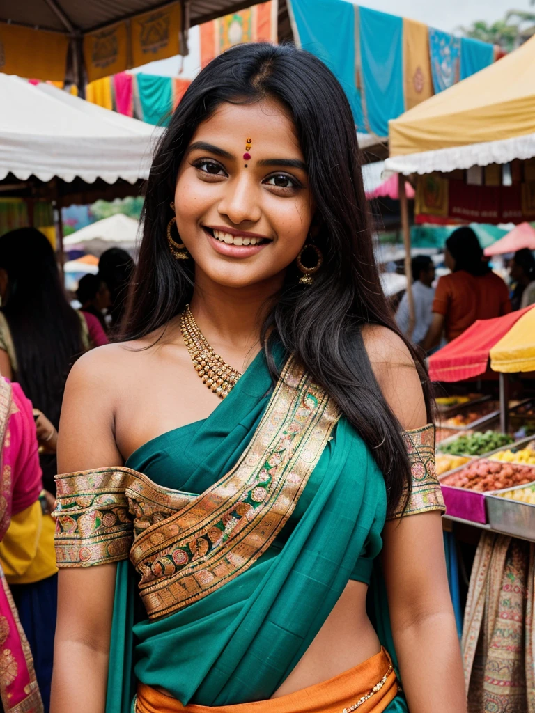 A young Indian girl with long, dark hair, wearing a traditional colorful sari. She has a bindi on her forehead and is smiling warmly. The background shows a vibrant Indian marketplace with various stalls and people. The image captures the rich cultural atmosphere, with intricate details in the girl's attire and the bustling surroundings