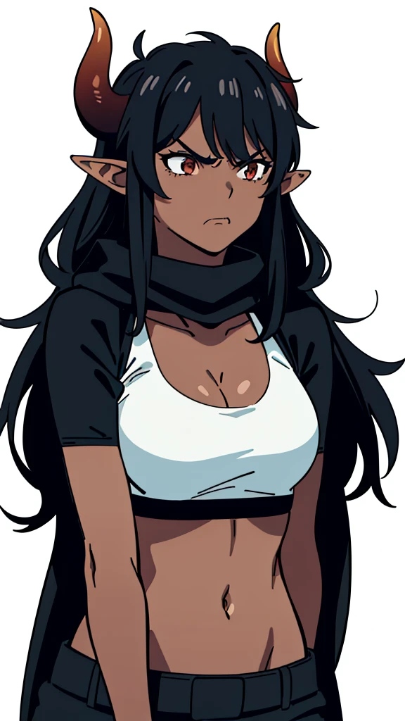 (1girl ,25s,adult,mature female),long hair, black hair,horns,elf ears,((black scarf)),cleavage,(((dark skin))),(black sports bra, midriff),(white background, line drawing), upper body,looking at view,((angry)),closed mouth,from front,pov