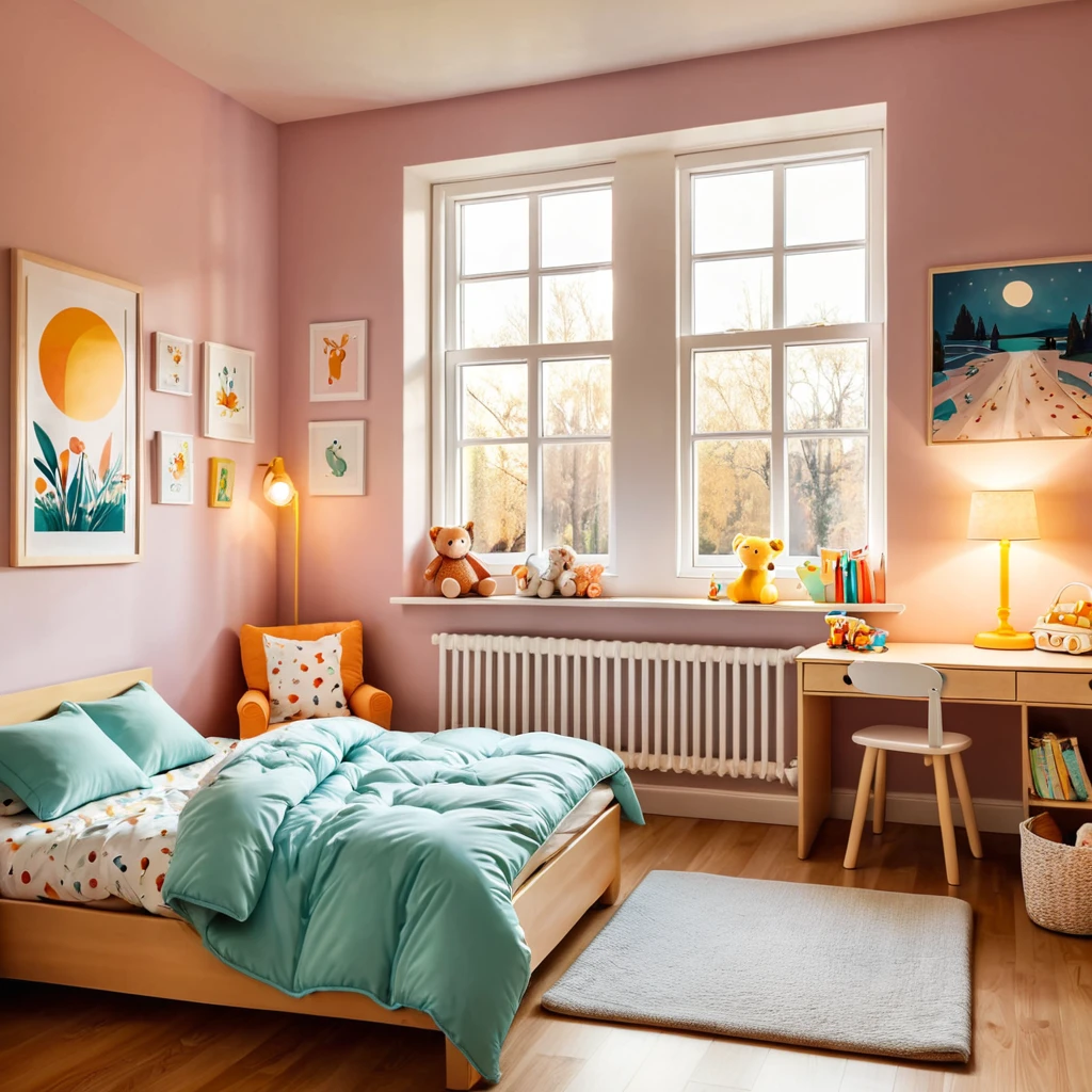 inside of a childs room, there is a bed with a comforter, radiant evening light