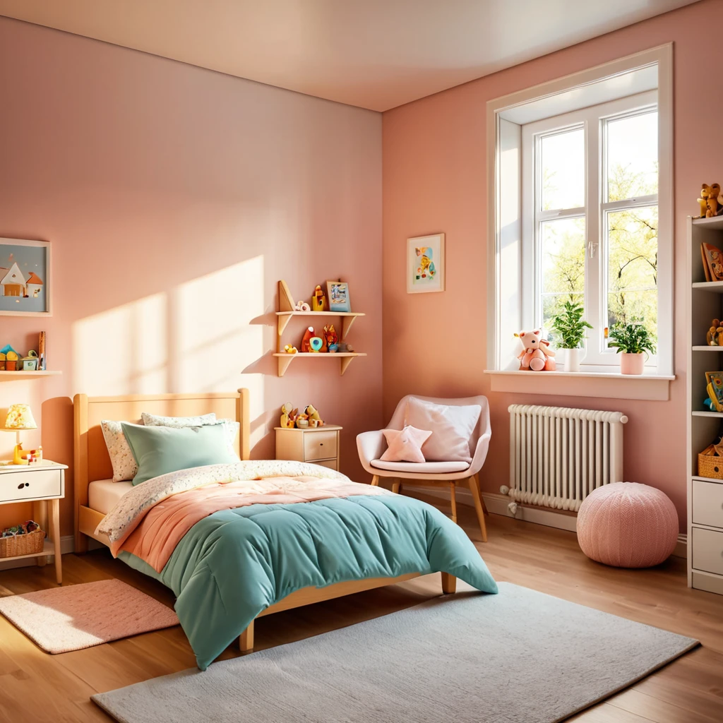 inside of a childs room, there is a bed with a comforter, radiant evening light