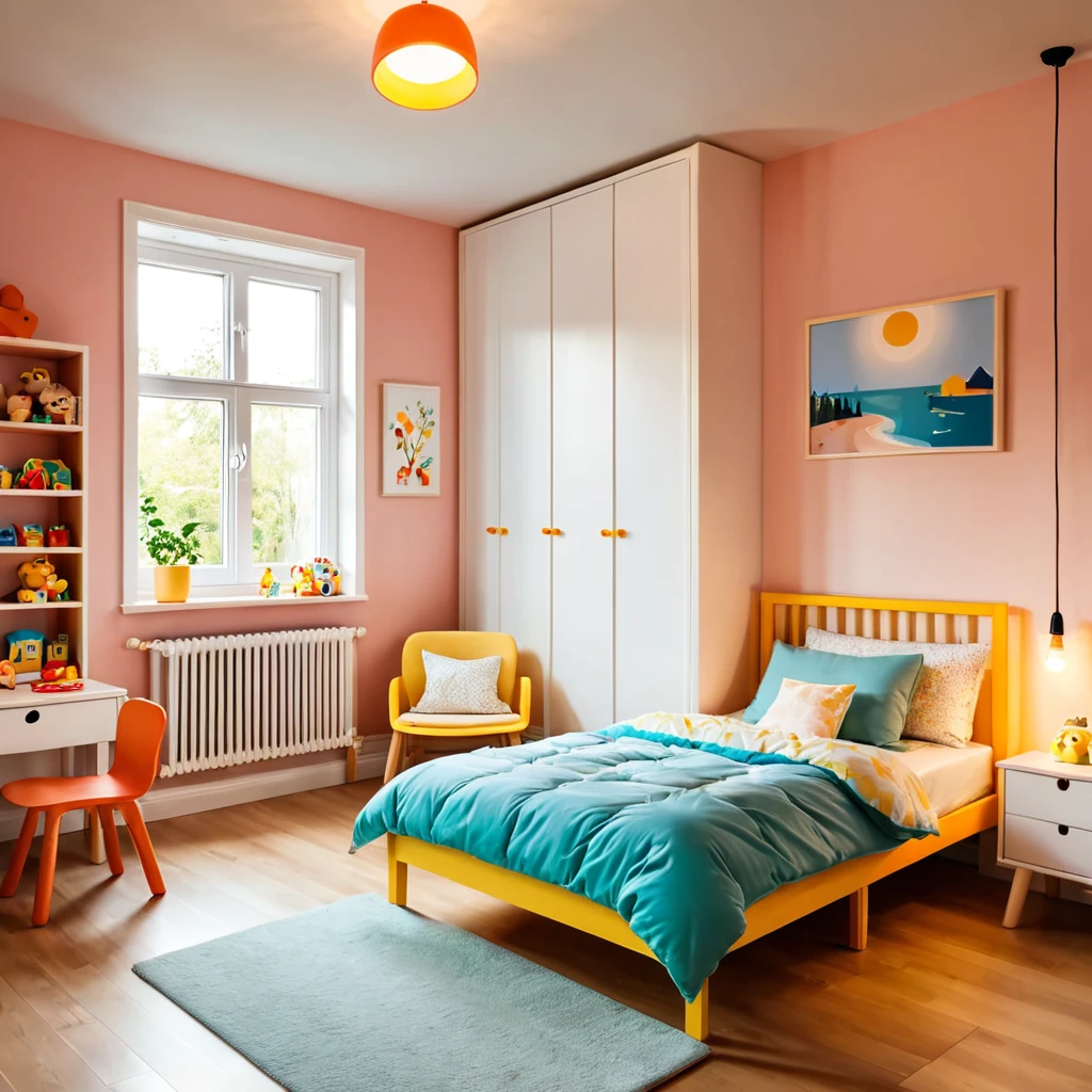 inside of a childs room, there is a bed with a comforter, radiant evening light