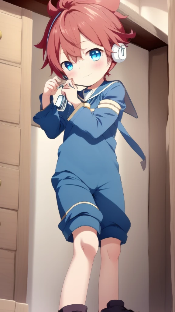 2D Boy Shota，One-piece racing suit，Slim，Put the headphones on your head，Standing，goggles，happy，Sailor collar，Lovely