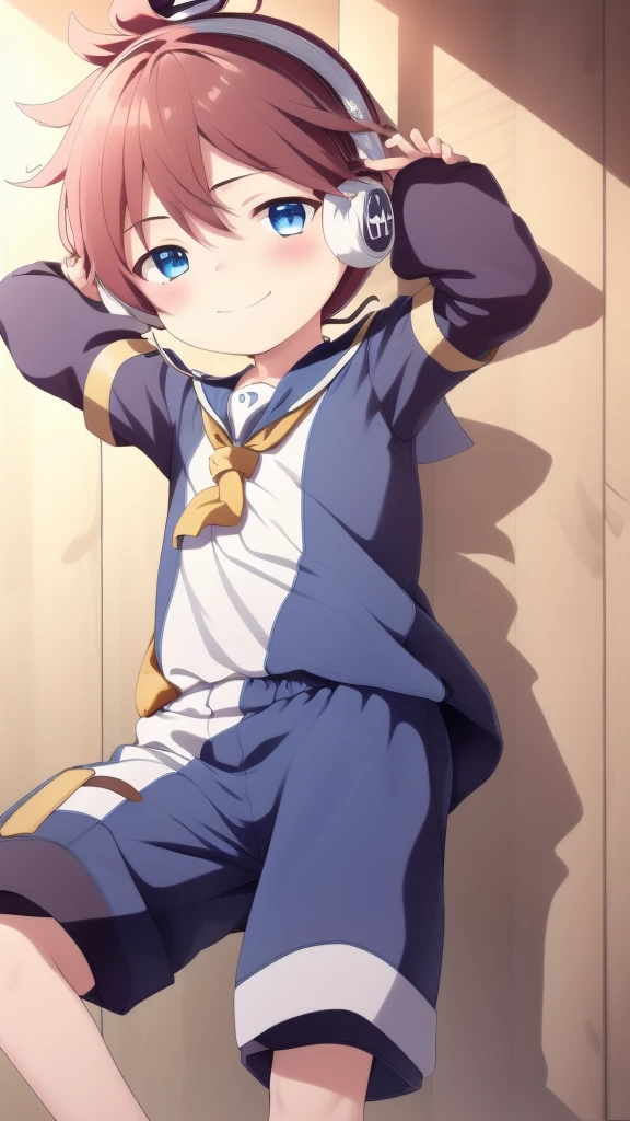 2D Boy Shota,One-piece mountaineering suit,Slim, healthy body,Put the headphones on your head,stand up,goggles,happy,Sailor collar,Lovely