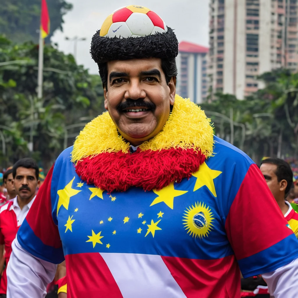 Nicolas Maduro wearing a poorly made soccer ball mascot costume made of recycled materials