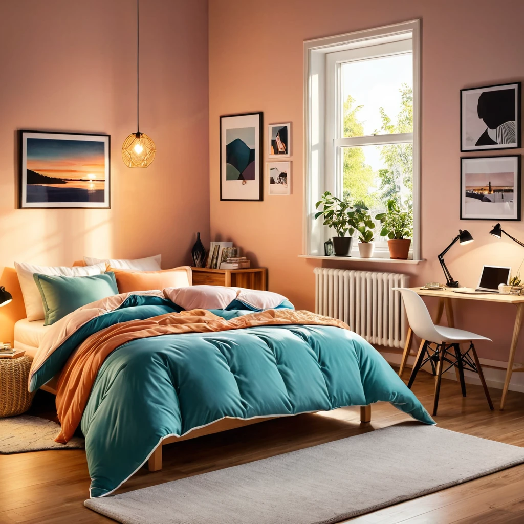 inside of a teenagers room, there is a bed with a comforter, radiant evening light
