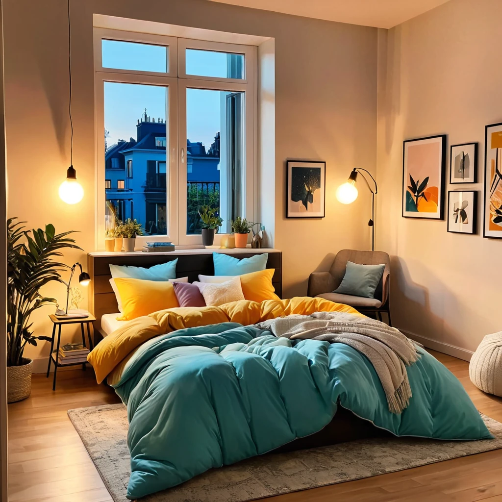 inside of a teenagers room, there is a bed with a comforter, radiant evening light
