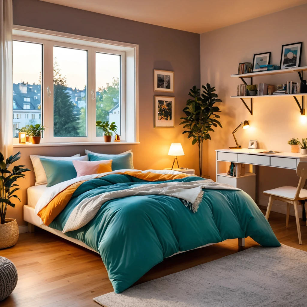 inside of a agers room, there is a bed with a comforter, radiant evening light