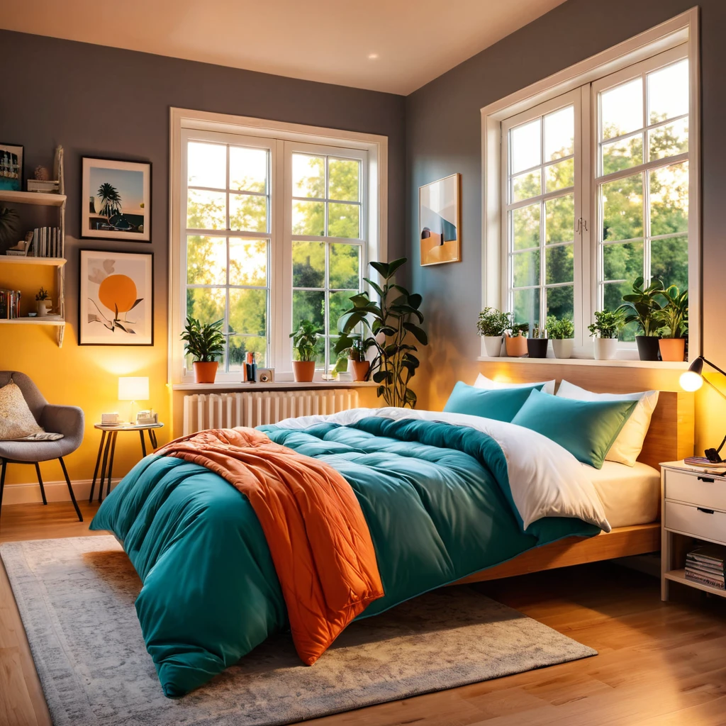 inside of a teenagers room, there is a bed with a comforter, radiant evening light