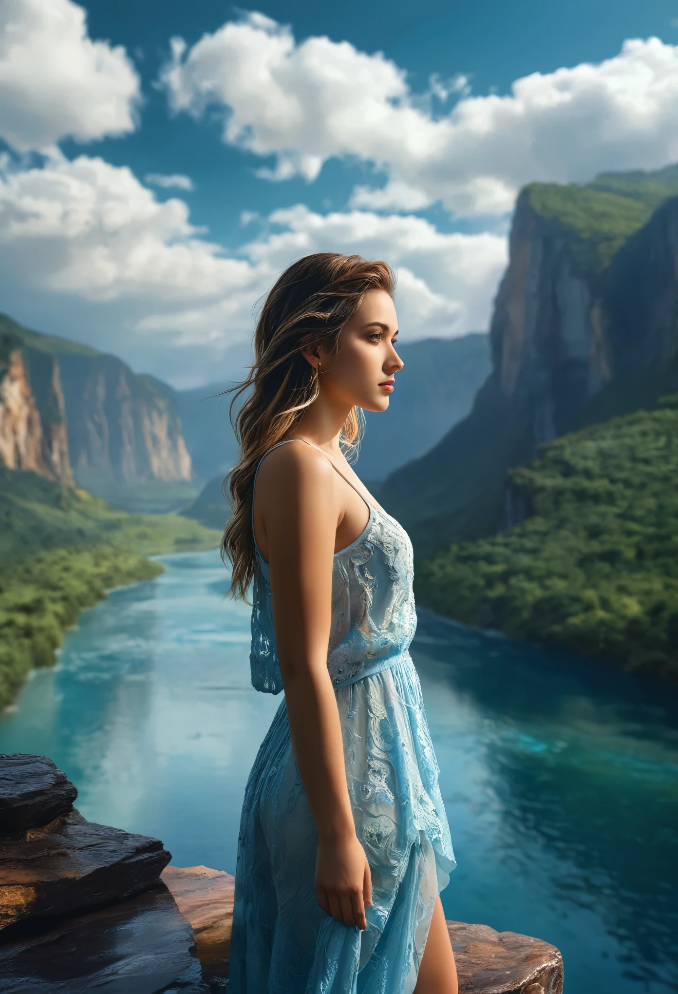 masterpiece, the highest quality, high quality, Very detailedな CG unity 8k wallpaper, landscape, Outdoor, null, cloud, null, a Lonely beautiful Girl, Mountain, landscape, water, wood, blue null, waterfall, cliff, nature, lake, river , cloudy skies, Award-winning photography, Bokeh, Depth of written boundary, High resolution, bloom, chromatic aberration, Photorealism, Very detailed, Trending on Art Station, Trending on CGSociety, Complex, High detail, dramatic, Art on the road