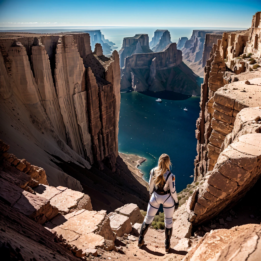 At the top of the mountain and on the edge of the cliff, a muscular blonde woman, with huge ass, big breasts without clothes, wearing white spacesuit, wearing titanium style boots, Looking and smiling at the camera, Beautiful feet, showing full body. Under the cliff, Four spaceships slowly emerge from the ruins of a desolate city built in the desert, Going to the stars, cinematic lighting, Glow Up, anáglifo, optical illusion, From  above, atmospheric perspective, ultra HD