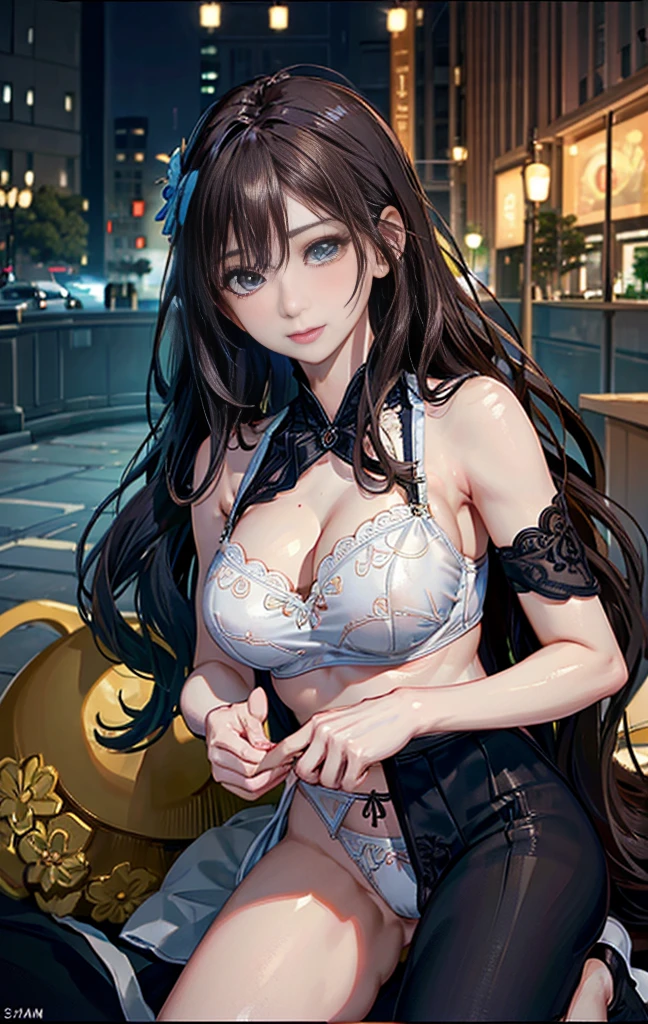 (masterpiece:1.3, Highest quality, Ultra-high resolution, Super detailed), (Realistic, photoRealistic:1.4), Beautiful illustrations, Perfect lighting, colorful, Depth of written boundary, Beautiful detailed hair, Beautifully detailed face, Beautiful fine details, Beautiful clavicle, Beautiful body, Beautiful breasts, Beautiful thighs, Beautiful feet, Beautiful fingers, View your viewers, 1 girl, Perfect Face, (Perfect Anatomy, Anatomically correct), Cute and symmetrical face, Baby Face, , Shiny skin, (Brown Hair), Hair between the eyes, Dark green eyes, Droopy eyes, Big eyes, Long Eyelashes, (((Luxury underwear)))、((Light blue floral underwear))),(bra、Embroidery pattern)、(((panties、Embroidery pattern)))、(Beautiful views), Bright lighting、smile、laughing,(((semen)))、(((The whole body is visible))) ,((City)),((morning))、(full body:1.3)