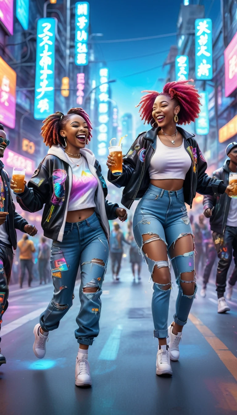 adult BLACK people dressed in urban clothes, In an urban landscape and holographic signs、HAPPY DANCING on the road. are drinking and laughing, The background is modern and cyberpunk, high tech vibe. Lovely Digital Painting, 3D rendering, Bright lighting, swirly vibrant colors. adult people.