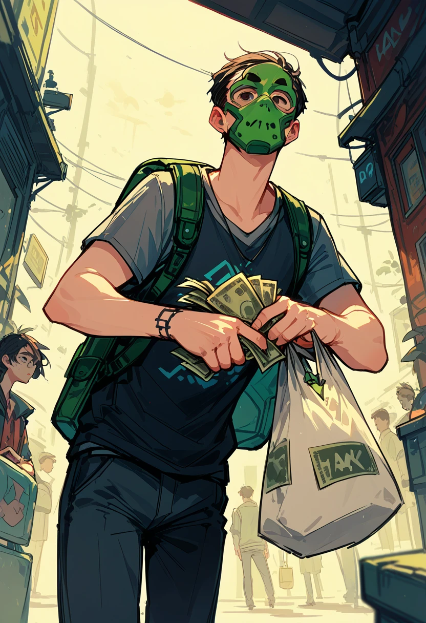 A man wearing a hacker mask with a suspicious look, carrying a large backpack on his back, and prominently holding a bag of money in his hand. A digital thief. 1man, hacker mask, suspicious look, large backpack, bag of money, digital thief, cartoon style, comic book, vibrant colors, cel shading, dynamic pose, detailed illustration, dramatic lighting, cyberpunk theme, sketch, inked lines, focus on hand holding money bag