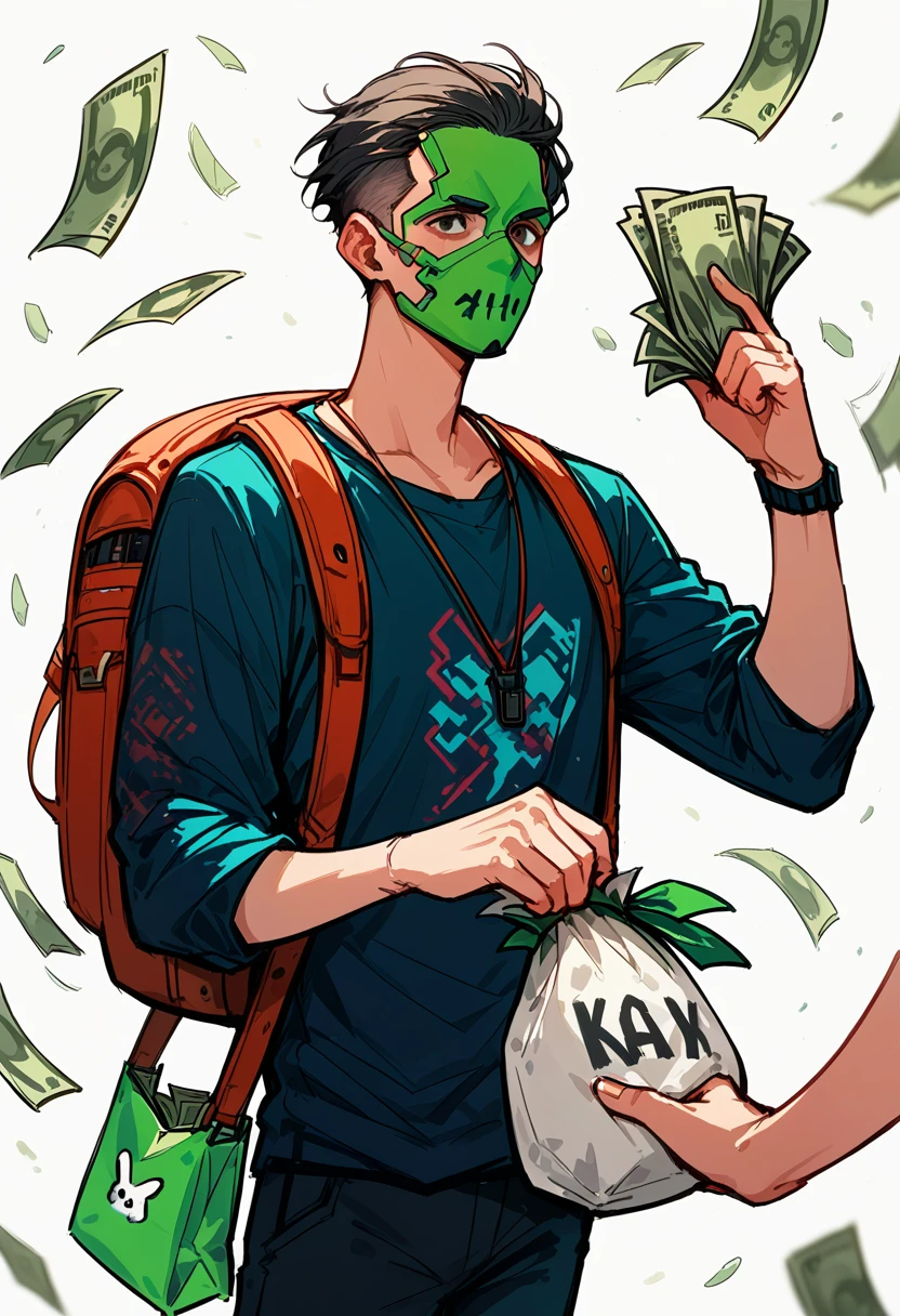 A man wearing a hacker mask with a suspicious look, carrying a large backpack on his back, and prominently holding a bag of money in his hand. A digital thief. 1man, hacker mask, suspicious look, large backpack, bag of money, digital thief, cartoon style, comic book, vibrant colors, cel shading, dynamic pose, detailed illustration, dramatic lighting, cyberpunk theme, sketch, inked lines, focus on hand holding money bag