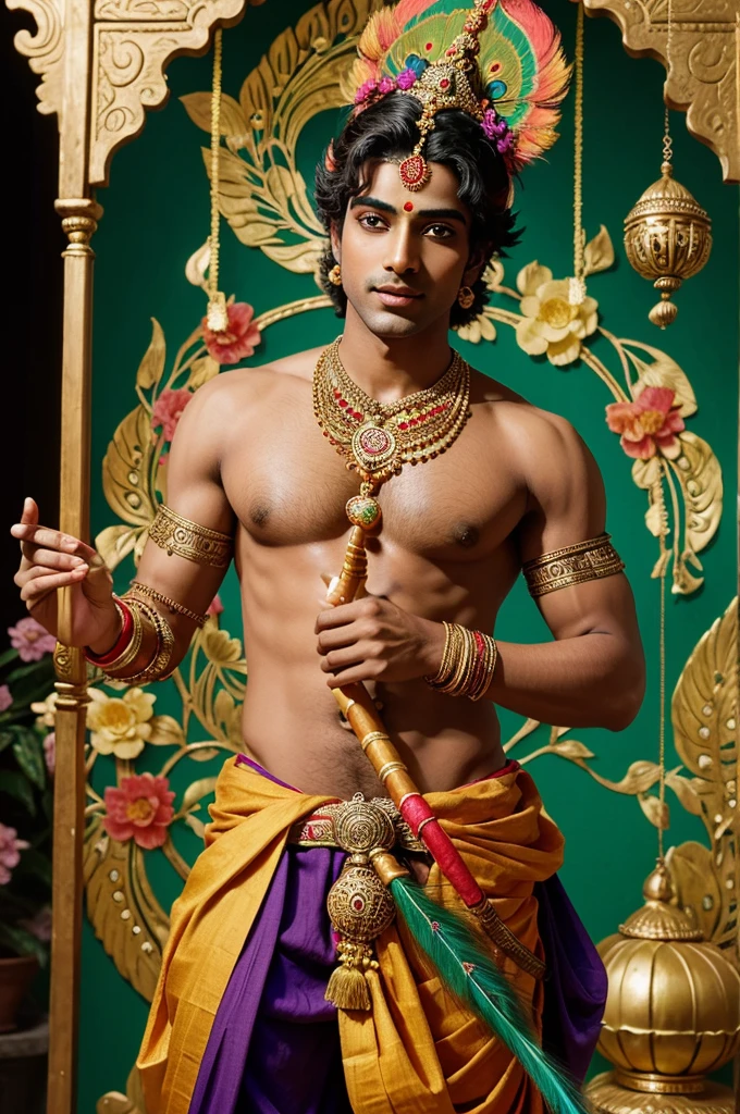 image appears to be an artistic depiction of Lord Krishna as a , often referred to as "Bal Krishna" or "Laddu Gopal." He is shown holding a flute, which is one of his iconic attributes, and adorned with traditional ornaments and a peacock feather in his hair. The vibrancy colors and floral decorations add to the divine and joyous represent 