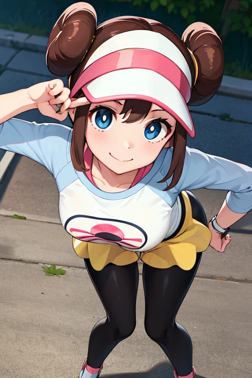 masutepiece, Sharp Focus, Realistic, ultra-detailliert, Beautiful Girl, (side lights:1.2), Smile, RO1, Hair bun, Blue eyes, Twin-tailed, Visor Cap, pantyhose, raglan sleeves, Yellow shorts, Shirt, pink bows, wrist watch, Full body、Leaning forward
