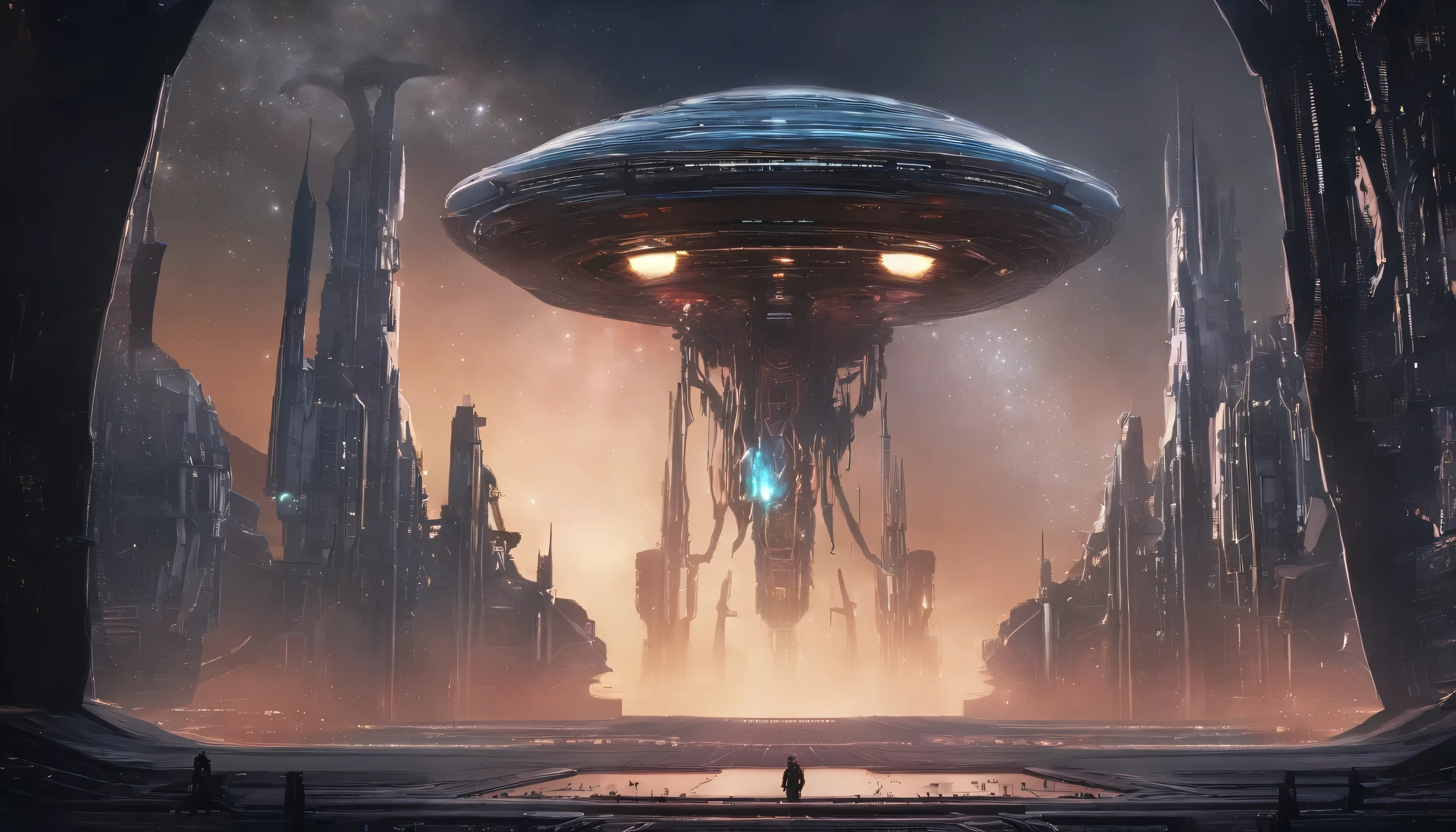 ((Masterpiece))，(Best quality))，Magnificent space image scene，heavenly body，Interstellar，Huge star gates，（（（Huge starship））），Spaceship，Shining starry sky，8K，super-fine，high qulity