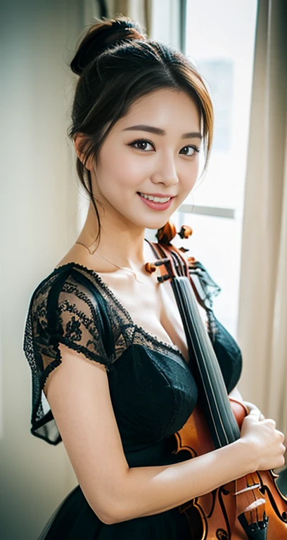 (a gorgeous korean lady, age 28, she is playing the violin, wearing retro_vintage timeless_elegance korean_trendy_fashion, in minimalist apartment. she has dimpled cheeks, kind friendly smile, cute snaggle-tooth, short_hair_ponytail, realistic symmetrical face, beautiful detailed face, beautiful detailed eyes, ample_round_bosom, photorealistic, hyper-realism, high contrast, ultra HD, realistic skin textures, top image quality, top-quality, super high resolution, fine details, very meticulously, masterpiece, head_to_knees, the_Cowboy_shot, romantic_vibes, bokeh_background, family_friendly) #Catolin #Mindfulness #CanonInD