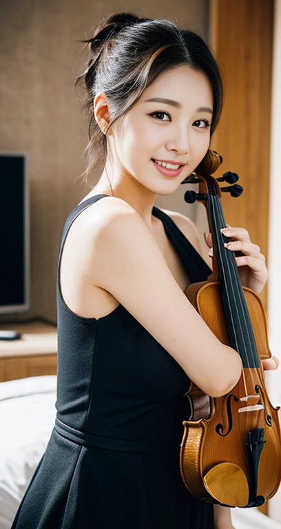 (a gorgeous korean lady, age 28, she is playing the violin, wearing retro_vintage timeless_elegance korean_trendy_fashion, in minimalist apartment. she has dimpled cheeks, kind friendly smile, cute snaggle-tooth, short_hair_ponytail, realistic symmetrical face, beautiful detailed face, beautiful detailed eyes, ample_round_bosom, photorealistic, hyper-realism, high contrast, ultra HD, realistic skin textures, top image quality, top-quality, super high resolution, fine details, very meticulously, masterpiece, head_to_knees, the_Cowboy_shot, romantic_vibes, bokeh_background, family_friendly) #Catolin #Mindfulness #CanonInD