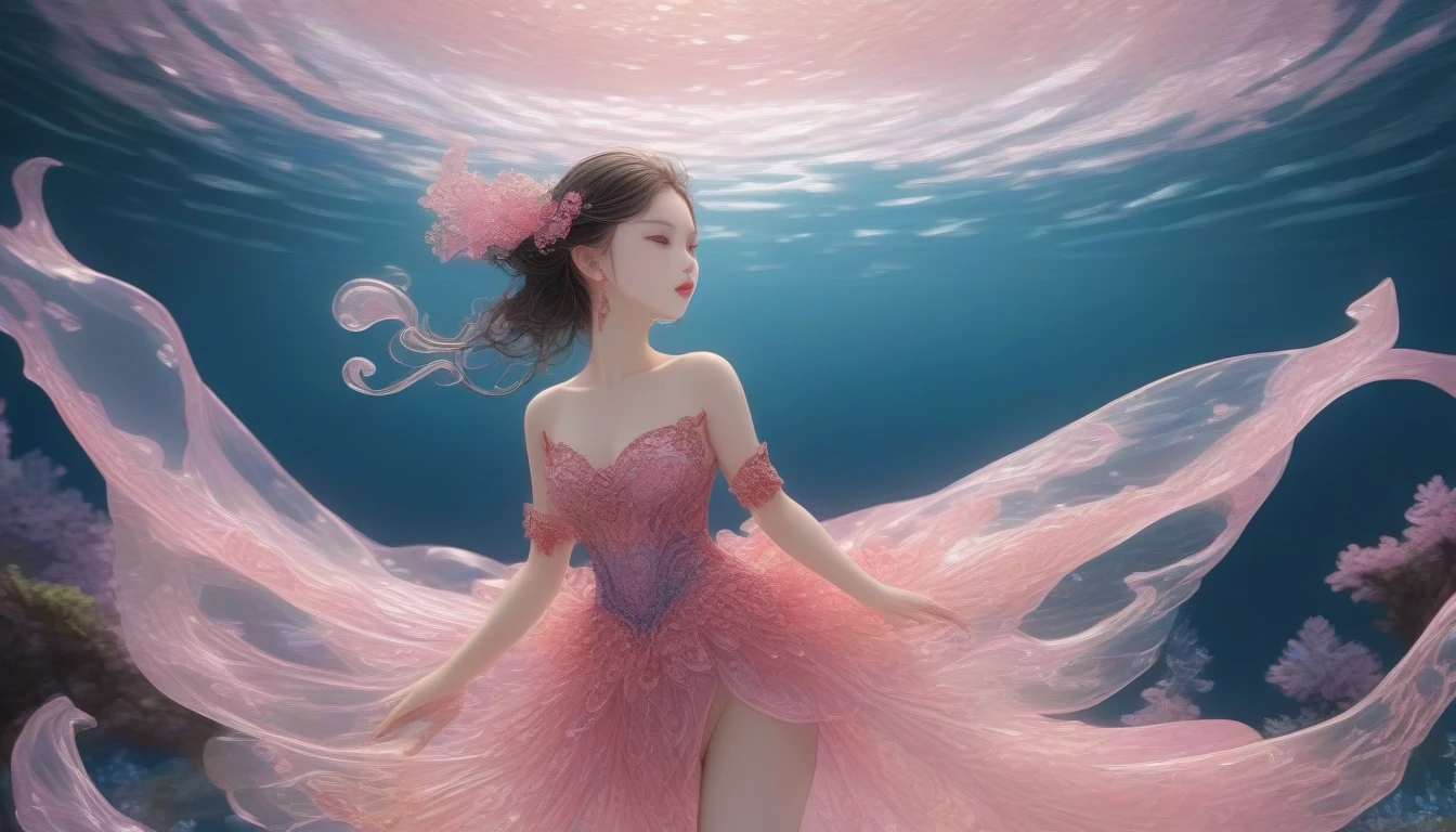 1 Girl, Solitary, Under the Deep Sea, Beautiful Inner Glow；Wearing pink Chinese clothing，Fairy the same，underwater dance；dancer；pink water，金色的bubble； Deep Shadows, Extraordinary details, bubble, spark, Sun streaks, seabed, dark, whole body, swirl, Blu-ray, Embed:Average runoff, masterpiece, high quality, 4K