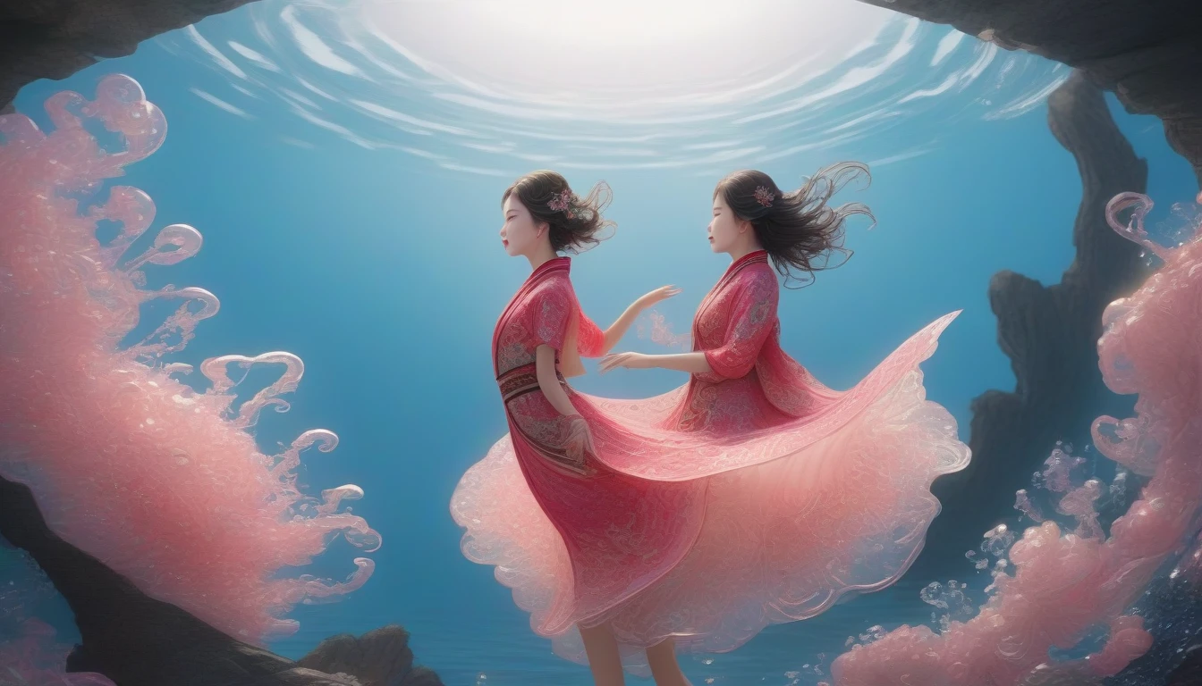 1 Girl, Solitary, Under the Deep Sea, Beautiful Inner Glow；Wearing pink Chinese clothing，Fairy the same，underwater dance；dancer；pink water，金色的bubble； Deep Shadows, Extraordinary details, bubble, spark, Sun streaks, seabed, dark, whole body, swirl, Blu-ray, Embed:Average runoff, masterpiece, high quality, 4K