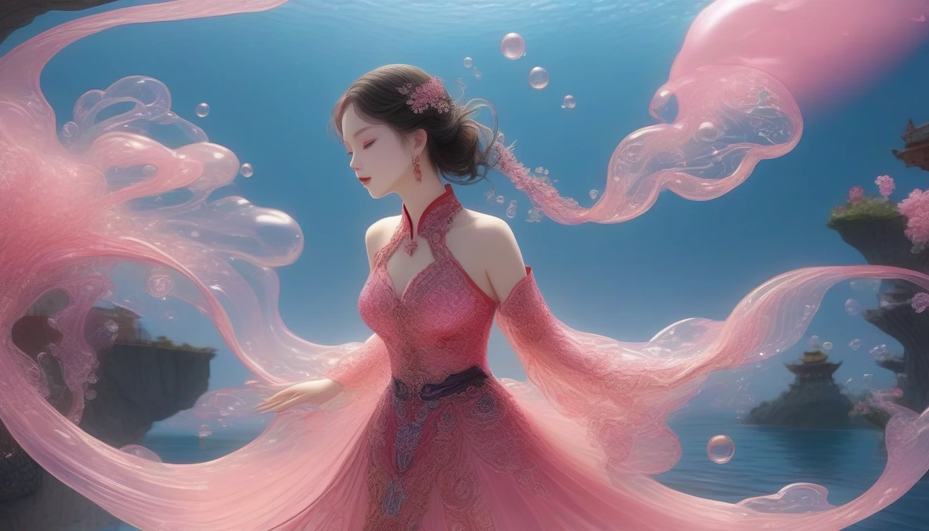 1 Girl, Solitary, Under the Deep Sea, Beautiful Inner Glow；Wearing pink Chinese clothing，Fairy the same，underwater dance；dancer；pink water，金色的bubble； Deep Shadows, Extraordinary details, bubble, spark, Sun streaks, seabed, dark, whole body, swirl, Blu-ray, Embed:Average runoff, masterpiece, high quality, 4K