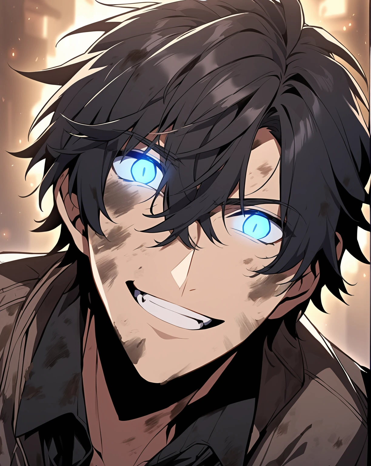 fantasy-style, solo, looking at viewer, smile, open mouth, short hair, blue eyes, shirt, black hair, 1boy, gloves, hair between eyes, jacket, upper body, male focus, teeth, black gloves, black shirt, glowing, messy hair, glowing eyes, dirty, dirty face