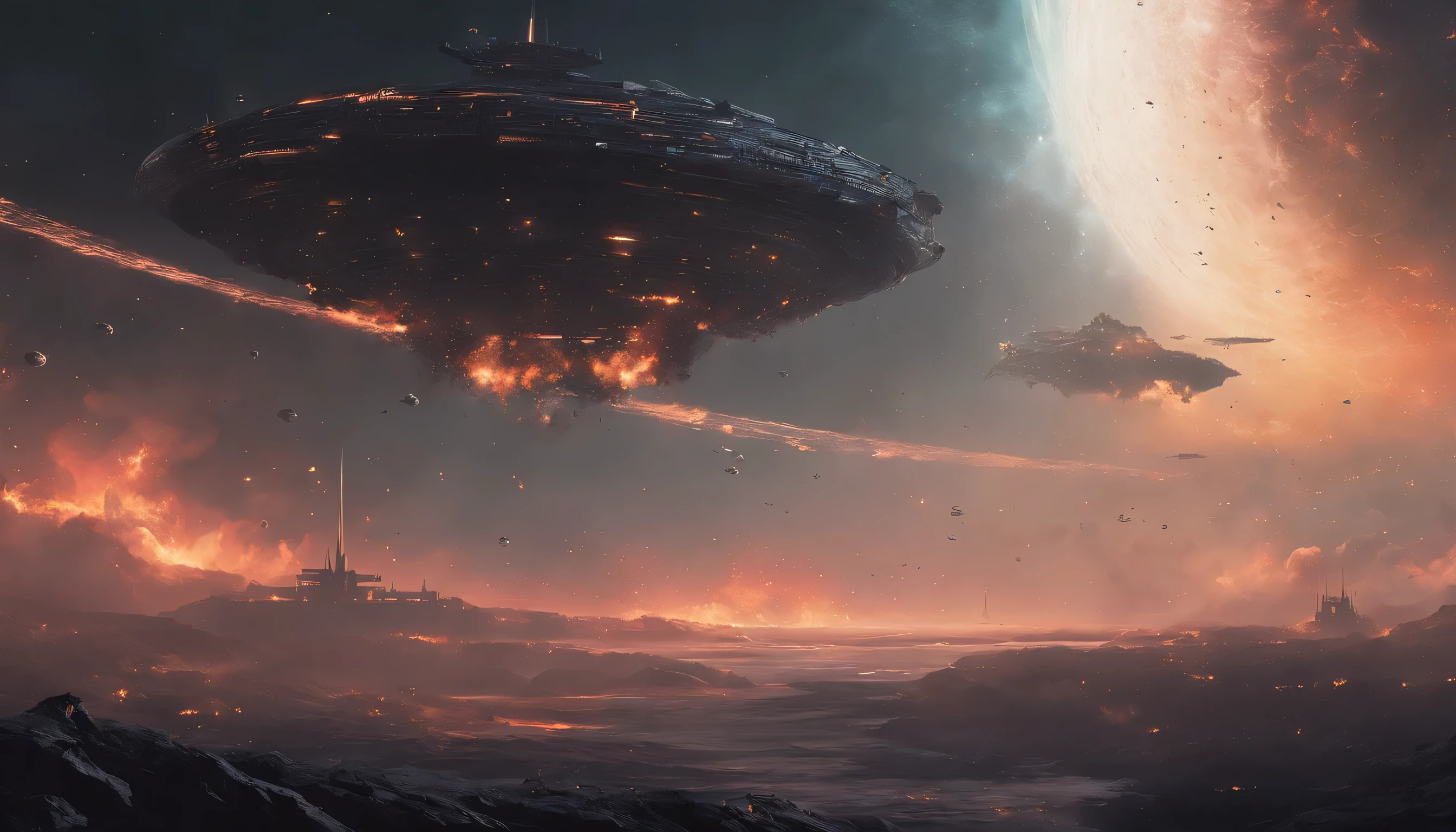 thousands of ships coming out of a black hole in a nebula towards earth in front of a huge Cerberus aggressively standing 100 meters high, localizado em um campo de batalha , Papel de parede de arte conceitual 4K, sci-fi fantasy wallpaper, arte sci fi, arte sci-fi detalhada, bela arte sci fi, Spaceships in overcast sky, arte conceitual obra-prima de arte, arte conceitual 4k, Arte Conceitual 4K, arte conceitual sci fi, mystical sci-fi concept art, fire, Explosions, escombros, sujo