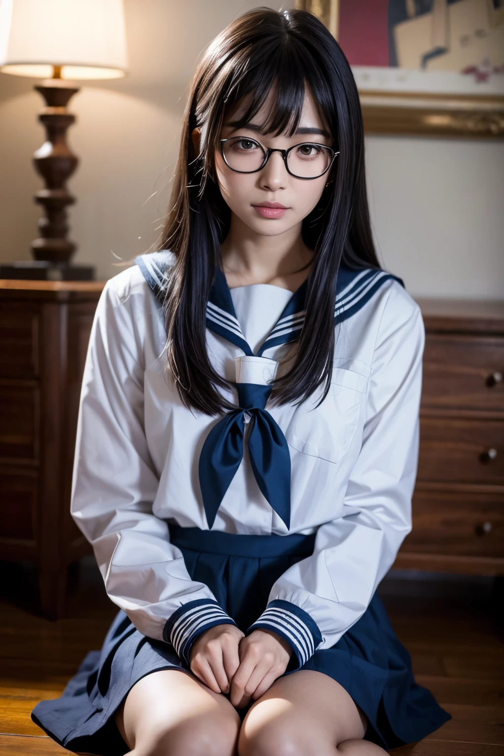 a kneeling japanese school girl with long black hair wearing a sailor uniform and glasses, cute girl , lovely look, detailed face and eyes, (best quality,4k,8k,highres,masterpiece:1.2),ultra-detailed,(realistic,photorealistic,photo-realistic:1.37),beautiful detailed eyes,beautiful detailed lips,extremely detailed eyes and face,longeyelashes,intricate,delicate,elegant,soft lighting,warm color tones,cinematic lighting,natural lighting,atmospheric