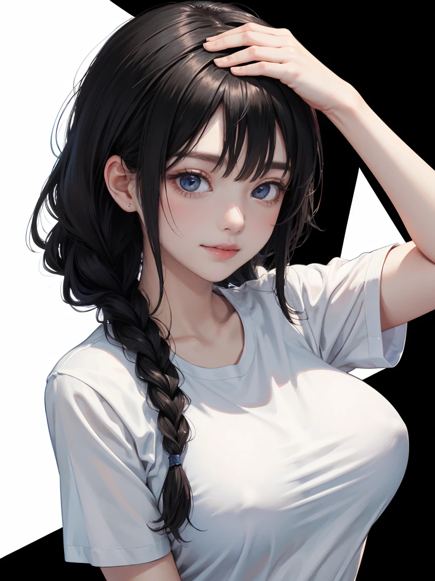 detailed eyes ,huge breasts , braided hairstyle , portrait , white t-shirt , black background , black hair , smile , black eyes