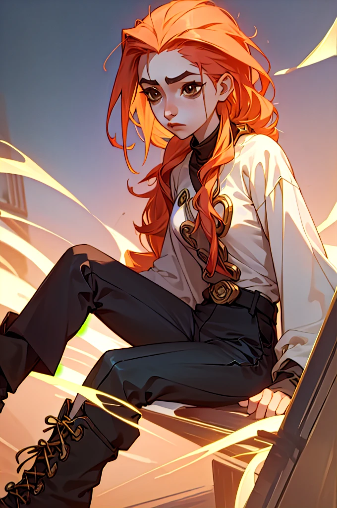 best quality, masterpiece, j1nx101,1girl, Estilo Arcane (league of Legends), a woman wearing black pants and gold details with high boots, a white shirt with long, wide sleeves and slightly wavy light pastel orange hair with brown eyes. sonríendo levemente.