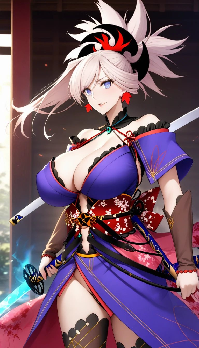 masterpiece, best quality, very aesthetic, absurdres, 1girl, mature_lady, ,1girl, miyamoto musashi \(third ascension\) \(fate\), fate/grand order, breasts, japanese clothes, blue eyes, weapon, sword, ponytail, kimono, jewelry, large breasts, hair ornament,tsundere,High-Tech - Utilizes advanced technology and materials in the design and construction process.,floating_hair