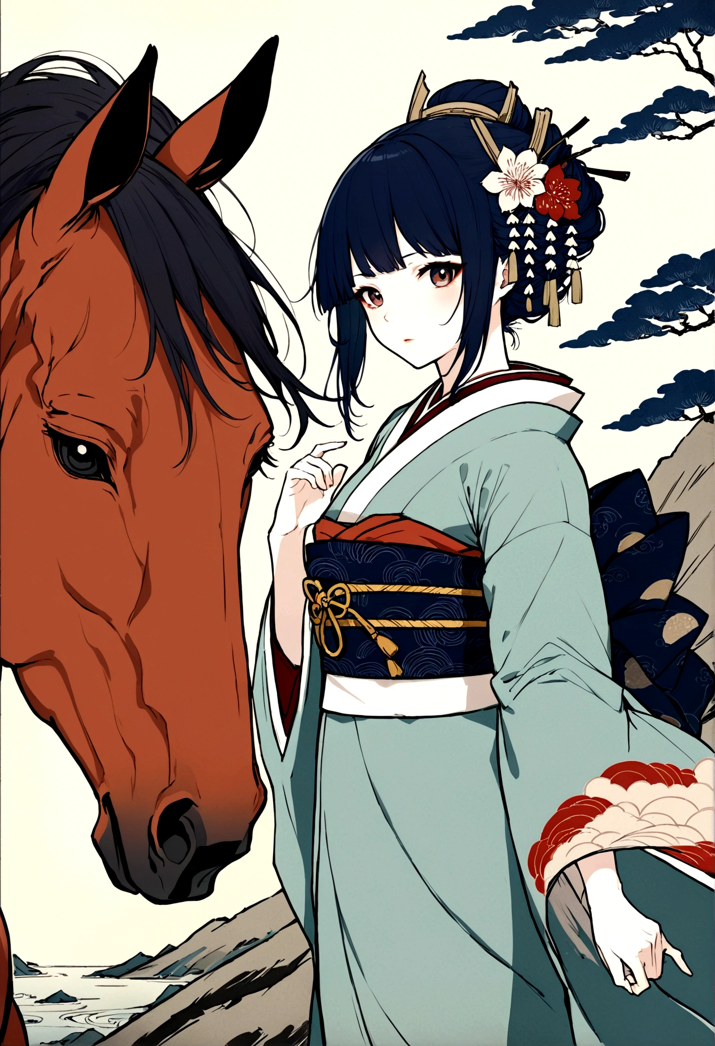 Highest quality, Hokusai'style, ukiyoe, ukiyo-e, Himiko, Bad Horse Tai Shikoku,Ancient women,mysterious