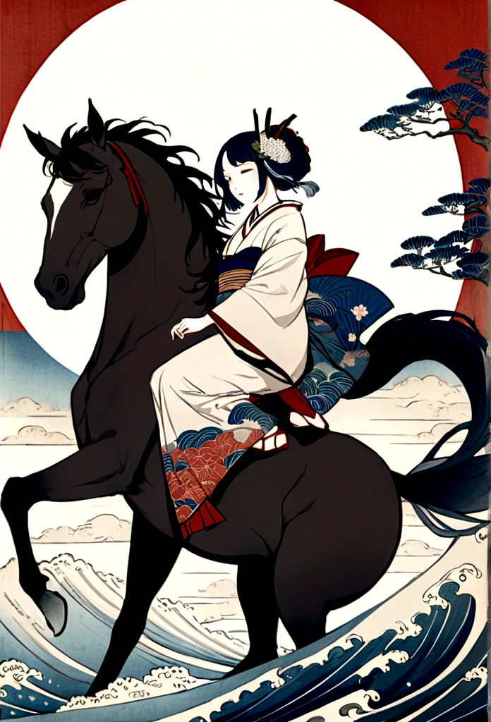 Highest quality, Hokusai'style, ukiyoe, ukiyo-e, Himiko, Bad Horse Tai Shikoku,Ancient women,mysterious