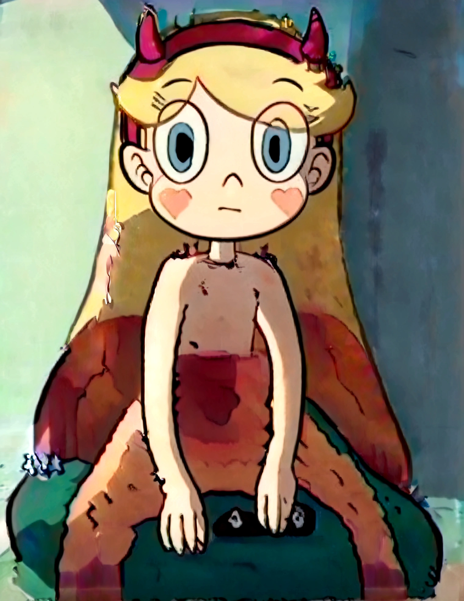 (masterpiece, highest quality, High resolution:1.4), 1 girl, woman, Star Butterfly, Green squid costume, horn hair band, smile, looking at the viewer, hand lifting dress, pink panties,1girl,masterpiece, expensive quality, very_expensive_solve, big_file size, full color,(completely nude:1.2),pussy,niplles,(vaginal sex:1.2),(ddler:1.6),(chibi:1.3),(flat chest:1.5),