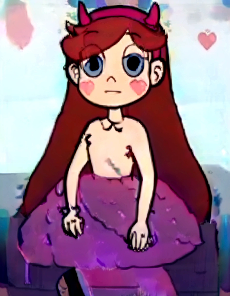 (masterpiece quality), 1girl, ((StaButty)), ((wearing the garterbelt)), floral embroidery, blondie, long hair, heart cheekmarks, horn hairband, ((topless)), spread legs, hand on head, seductive look, looking at viewer, sitting on bed, lovehotel