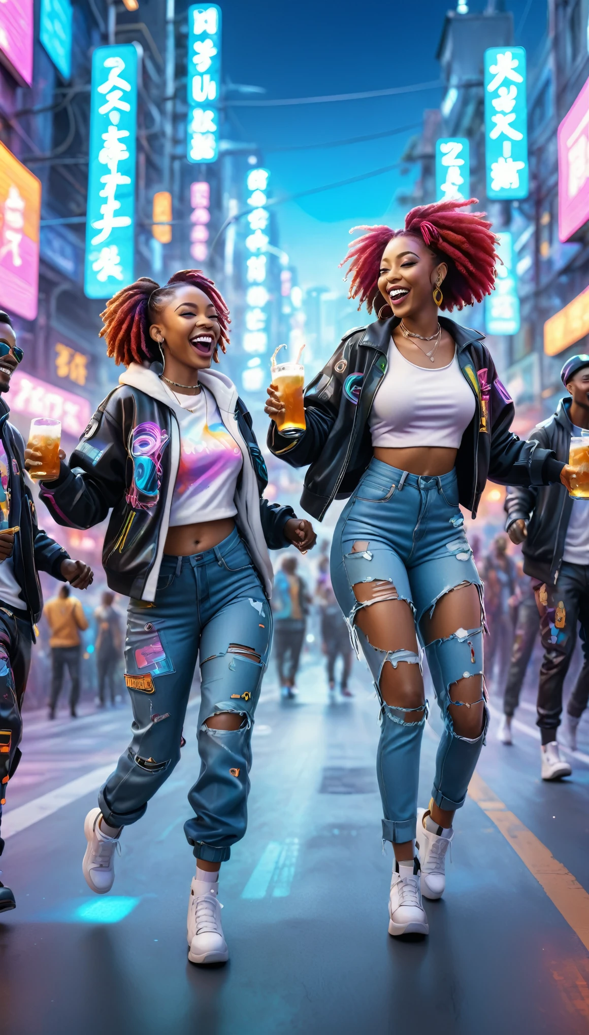 adult BLACK people dressed in urban clothes, In an urban landscape and holographic signs、HAPPY DANCING on the road. are drinking and laughing, The background is modern and cyberpunk, high tech vibe. Lovely Digital Painting, 3D rendering, Bright lighting, swirly vibrant colors. adult people.