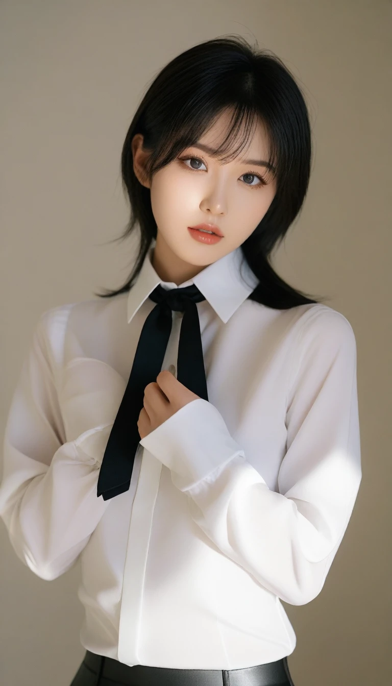 absurdres, RAW photo, extremely delicate and beautiful, masterpiece, Best Quality, ultra high resolution, 32k, hyperrealistic, ultra-detailed, perfect figure, in her 20s, very small head, very small face, delicate facial features, tearful mole, earring, huge breasts, legs, full body shot, medium hair, black hair, colored inner hair, sweat, school_uniform,