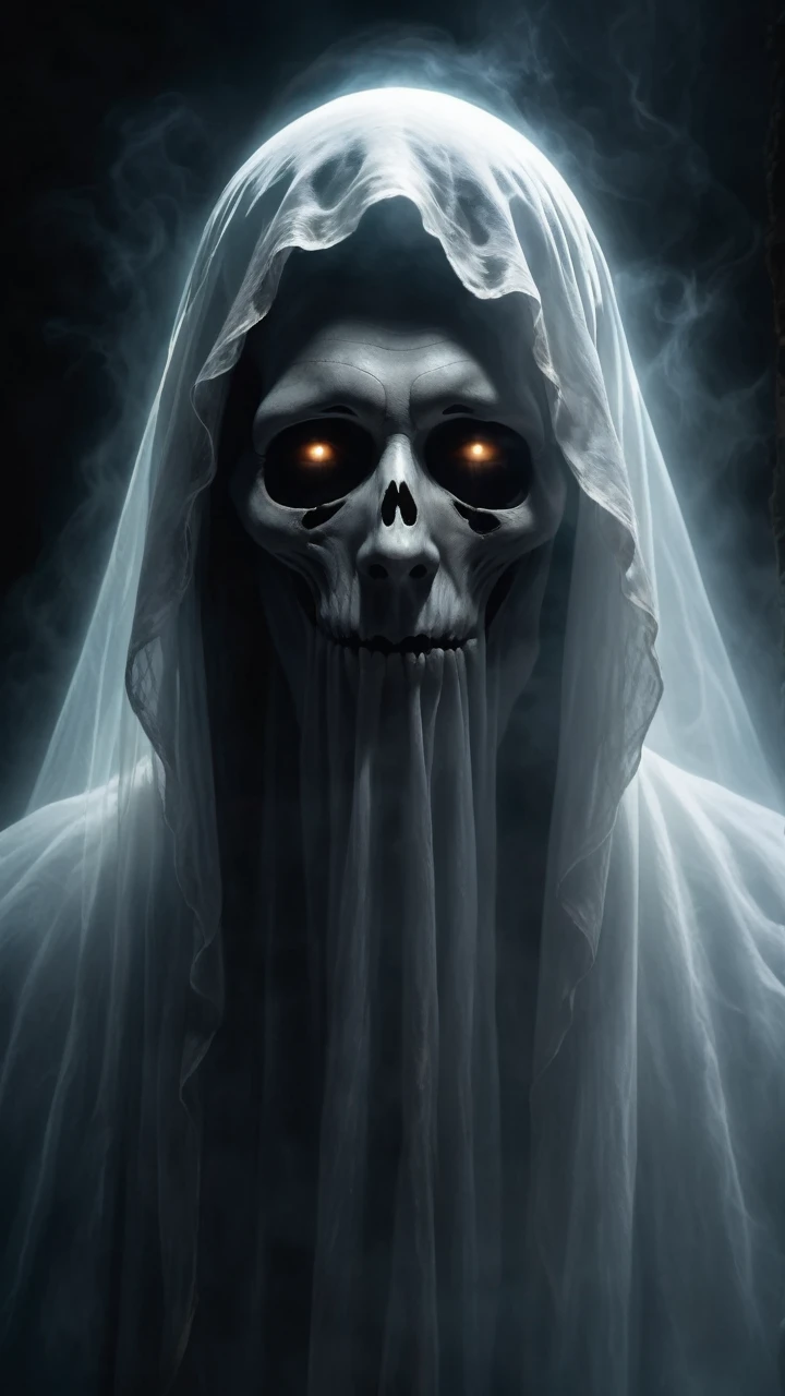 Scary portrait of a ghost, his face obscured by ethereal veils, Bright eyes full of sadness and torment, 8k resolution, the mysterious luminescence of its form contrasting with the shadows of the underworld it inhabits