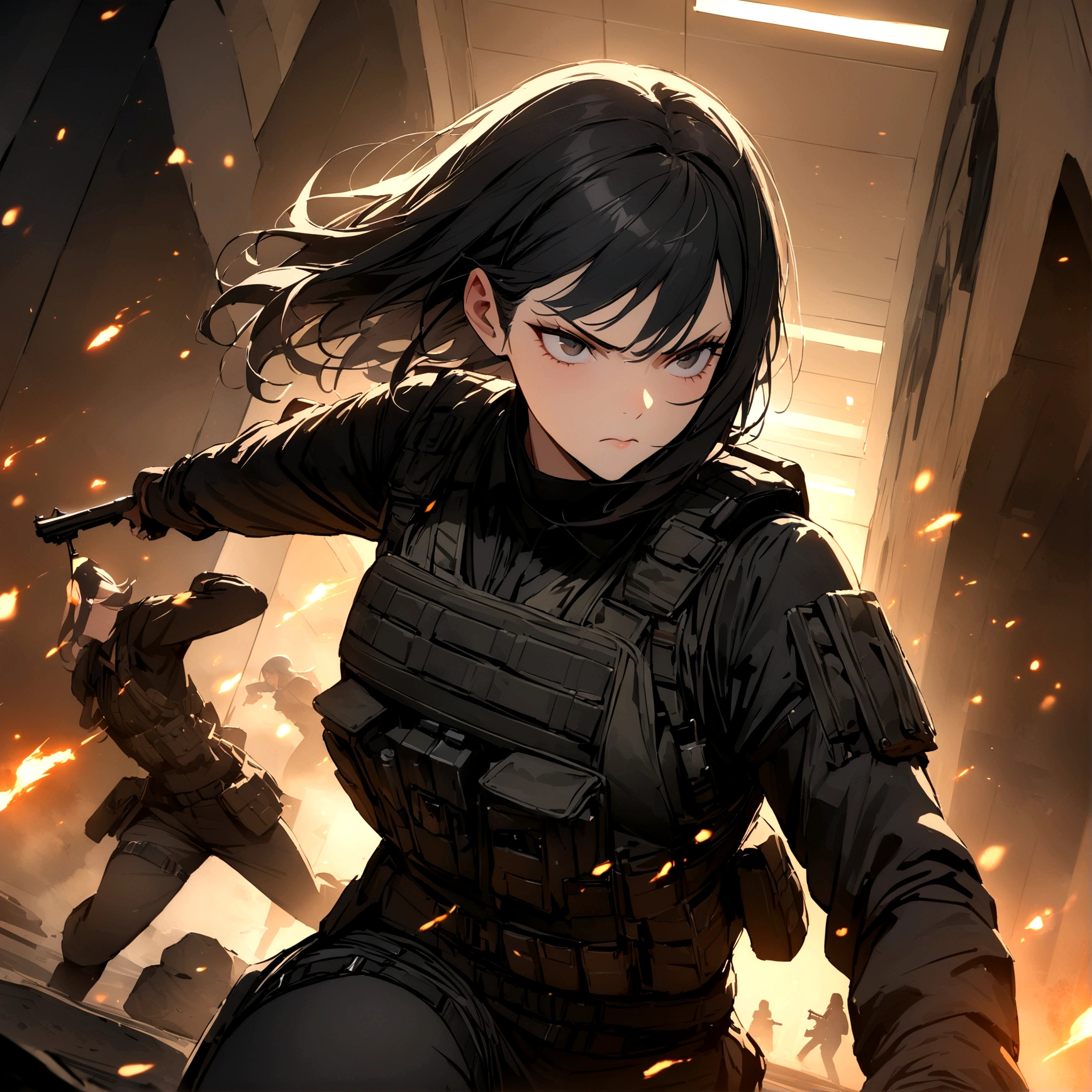 woman with a black outfit and tactical vest, serious face, 4k, black hair with silver bangs, assassin women, firearms, (8k, best quality, masterpiece: 1.2), ultra-detailed, dynamic, hotel hall, action, embers, foggy
