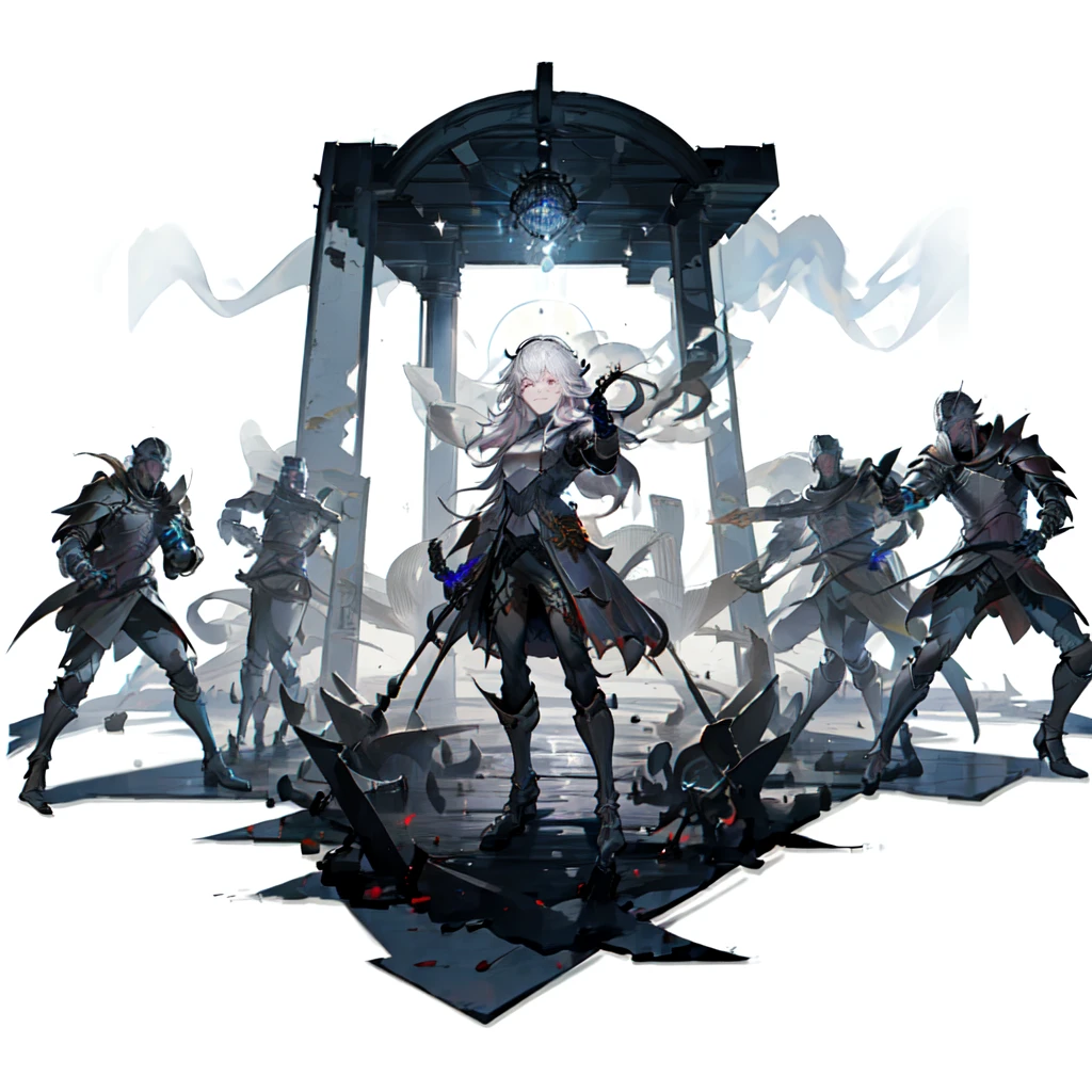 (white background:1.5) 1girl, far shot, full bodymasterpiece, best quality, (extremely detailed CG unity 8k wallpaper), (best quality), (best illustration), (best shadow), absurdres, realistic lighting, (Abyss), beautiful detailed glow, anime, dark sakura, pink eyes, white hair, herrscher, Herrscher of the Void, black armour, Honkai impact, combat, smirk, serious expression, (aura, energy, battle stance:1.2), dynamic pose, daedric, skyrim, (mythical armor, magic, runic armor, runes:1.22), clear face,