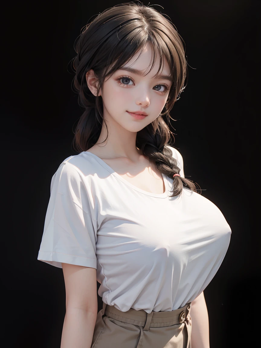 detailed eyes ,huge breasts , braided hairstyle , portrait , white t-shirt , black background , black hair , smile , black eyes , Calm posture , nsfw ,