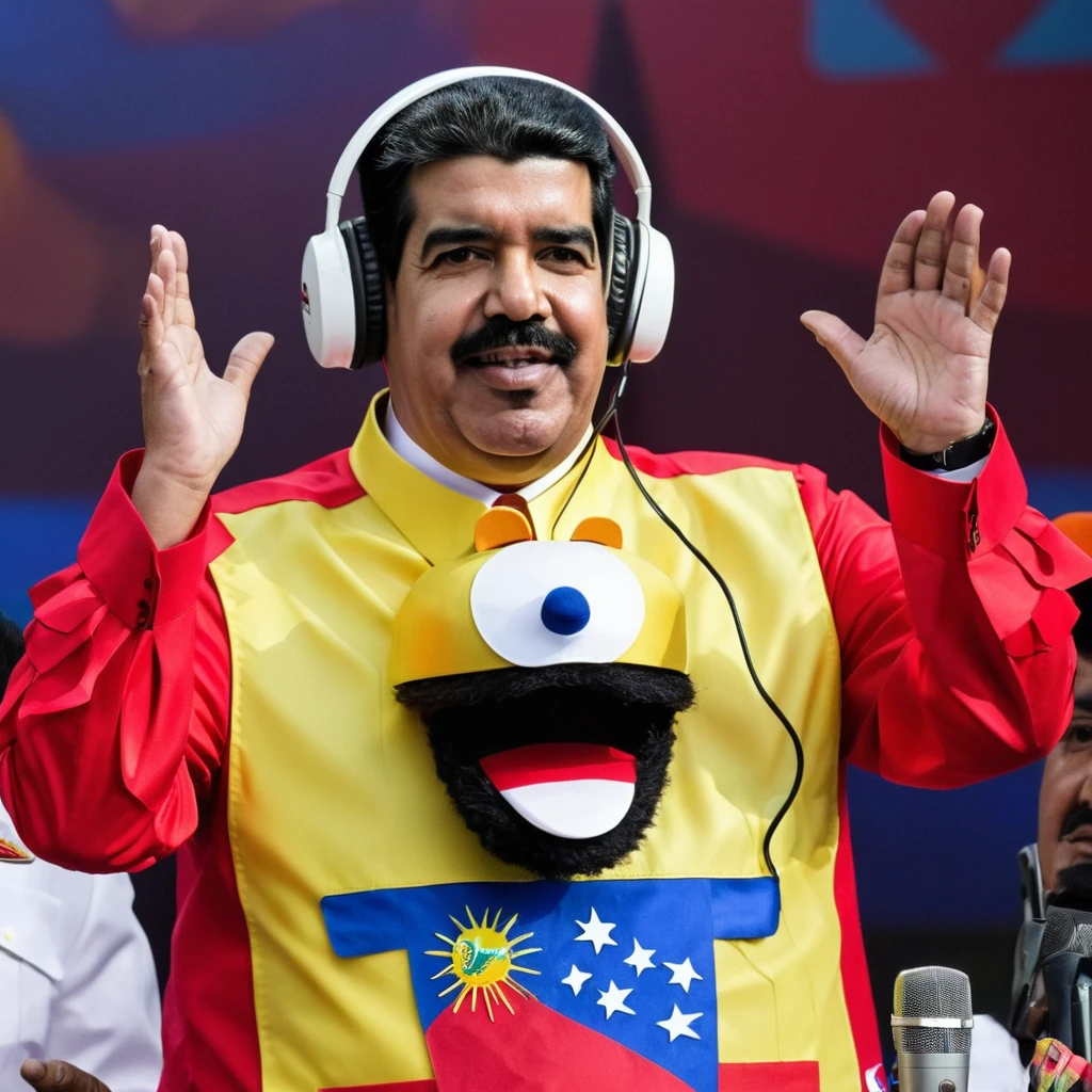 Nicolas Maduro wearing a poorly made radio mascot costume made of recycled materials