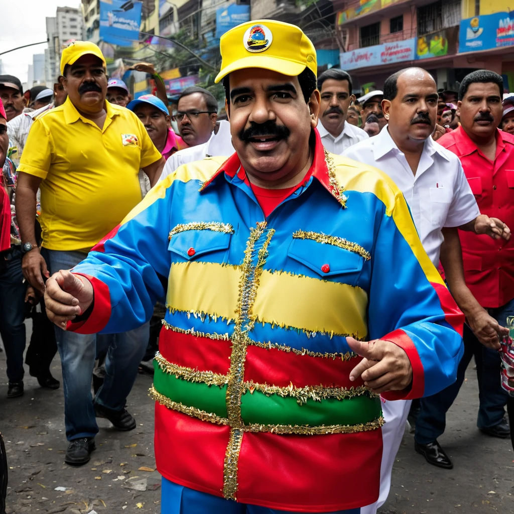 Nicolas Maduro wearing a poorly made radio mascot costume made of recycled materials