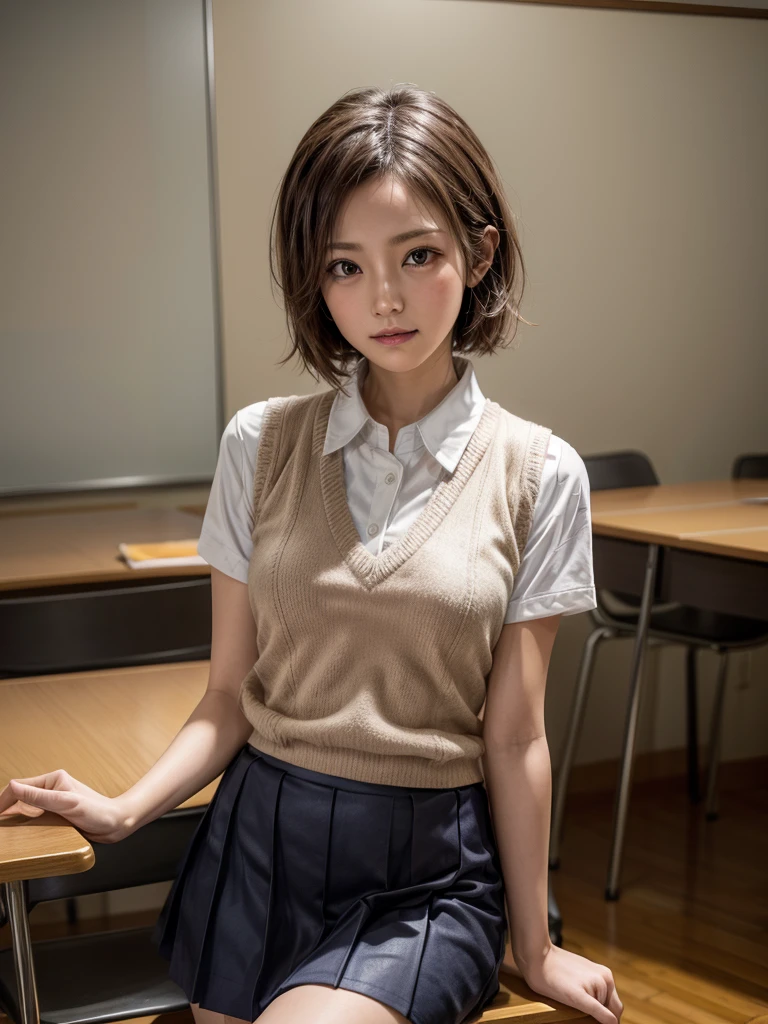 Masterpiece, Top Quality, Top Mikoto, brown eyes, short hair, small breasts, looking at viewer, alone, closed mouth, collared shirt, beige knit vest, dark blue  Skirt, school_uniform, shirt, white_shirt, classroom,Masterpiece, highest quality, 8K, detailed skin texture, fine cloth texture, beautiful detailed face, intricate details, super detailed,cute,cute posing,composition that shows the whole body,