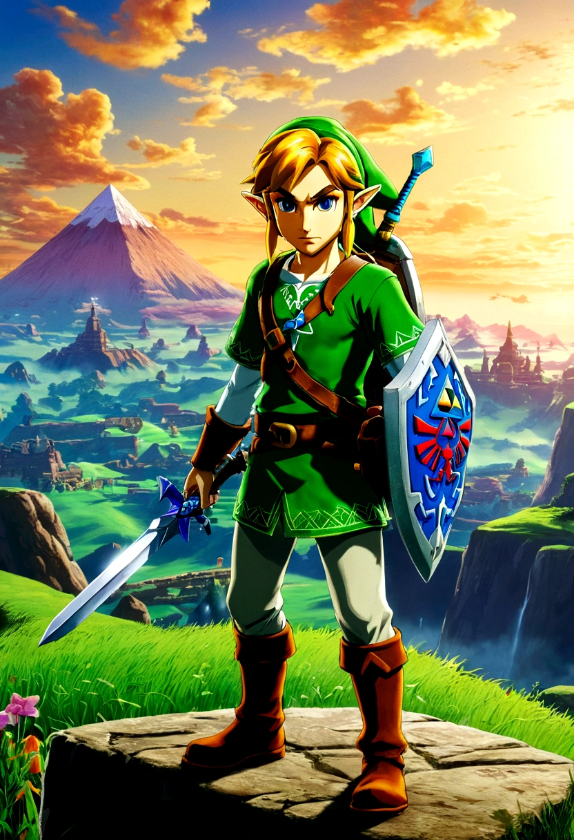 The Legend of Zelda, game style, by Chiho Aoshima, full body, cinematic still, cinemascope, best quality, masterpiece, very aesthetic, perfect composition, intricate details, ultra-detailed, vivid colors