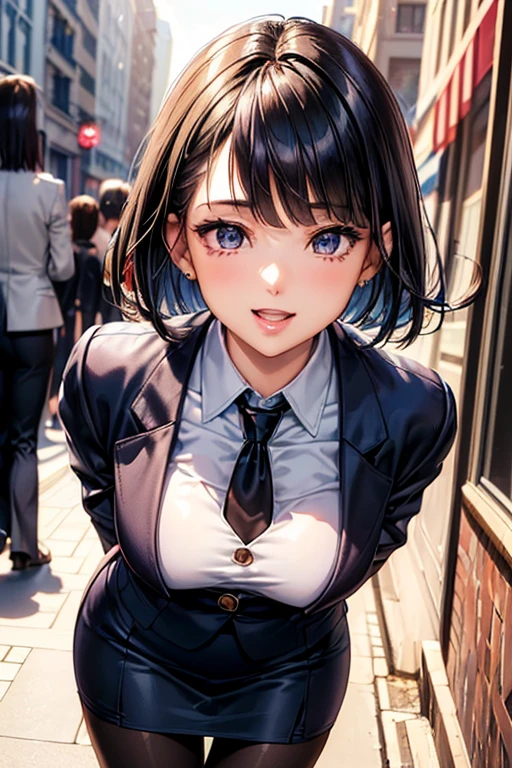#Basics A girl is posing for a photo, animeのかわいい女の子, (((One Girl, , Young girs old))),
Bhing Accessories
(White Collar Dress Shirt) + (Navy blue suit jacket:1.4) + (navy suit vest:1.4) + (Navy shiny pencil mini skirt:1.4) + (Black Pantyhose:1.4) + (Black high heels),
red gem earrings, Silver Necklace,
BREAK
#Features
(Black Hair), (blunt bangs + Bangs that cover the forehead), (Pixie Cut Hair : very short back hair + Hair that bounces out),
(Droopy eyes, blue eyes), (Small breasts),
BREAK
#background environment
(noon、(Sunlit sidewalk in an office district, People coming and going))
#Facial Expression Pose
((Big happy smile + Mouth wide open:1.4 + Teeth are visible), (Confident and powerful pose, A commanding presence)),
#composition
((Face the camera, Angle from the front, Cowboy Shot)),
BREAK
#Body parts elements
(Detailed hair, Beautiful Hair, Shiny Hair),
(double eyelid, Long eyelashes),
(Expression of fine eyes, Beautiful and delicate eyes, Sparkling eyes, Eye Reflexes, Glitter Eyeliner),
(Human Ear),
(Beautiful Nose, Thin Nose),
(Glossy lips, Beautiful Lips, Thick lips, Glossy Lips, Natural Cheeks),
(Detailed face, Symmetrical facial features),
(Detailed skin, Textured skin, Beautiful Skin, Shiny skin),
BREAK
#Quality
(((Highest quality)), ((masterpiece)), ((Very detailed))), ((High resolution), (16K,1080P)),
(Realistic), (Anatomically correct),
((comics, anime)), (3DCG), CG illustration,