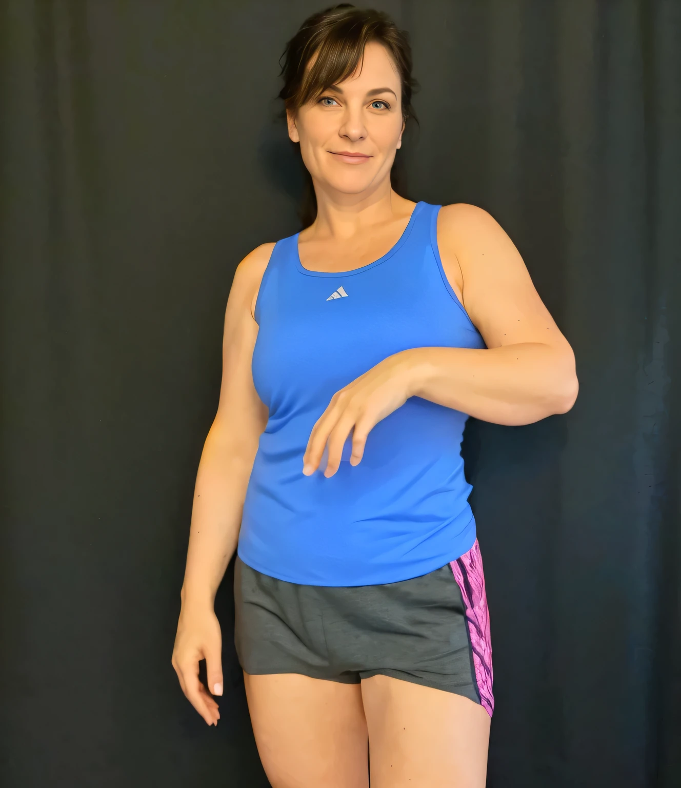 there is a woman in a blue tank top and gray shorts, short robust woman, wearing a tank top and shorts, sport bra and dark blue shorts, épaule devant pose, full body photgraph, arms to side, fit pic, half body cropping, wearing a camisole and shorts, standing athletic pose, 40 years old women