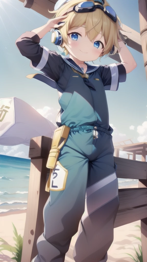 2D Boy Shota，One-piece racing suit，Slim，Put the headphones on your head，Standing，goggles，happy，Sailor collar，Lovely