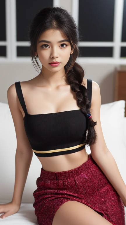 Crop top preto, ombros expostos, saia branca,  olhos pretos, olhos roxos, bunda redonda pequena, peito perfeito, corpo magro, long messy braided hair with bangs, cabelo roxo, sobrancelhas finas, na sala de estar, mais detalhado, 2 arms,  beleza, seios bonitos, camisa preta,"Beautifully adorned with Indian jewelry, the stunning model stands tall in an alluring Indian girls' high . Her hair styled to perfection adds a touch of sexiness to the overall look. With a dynamic pose and a knee-bending leg sitting, she exudes a captivating and confident aura."